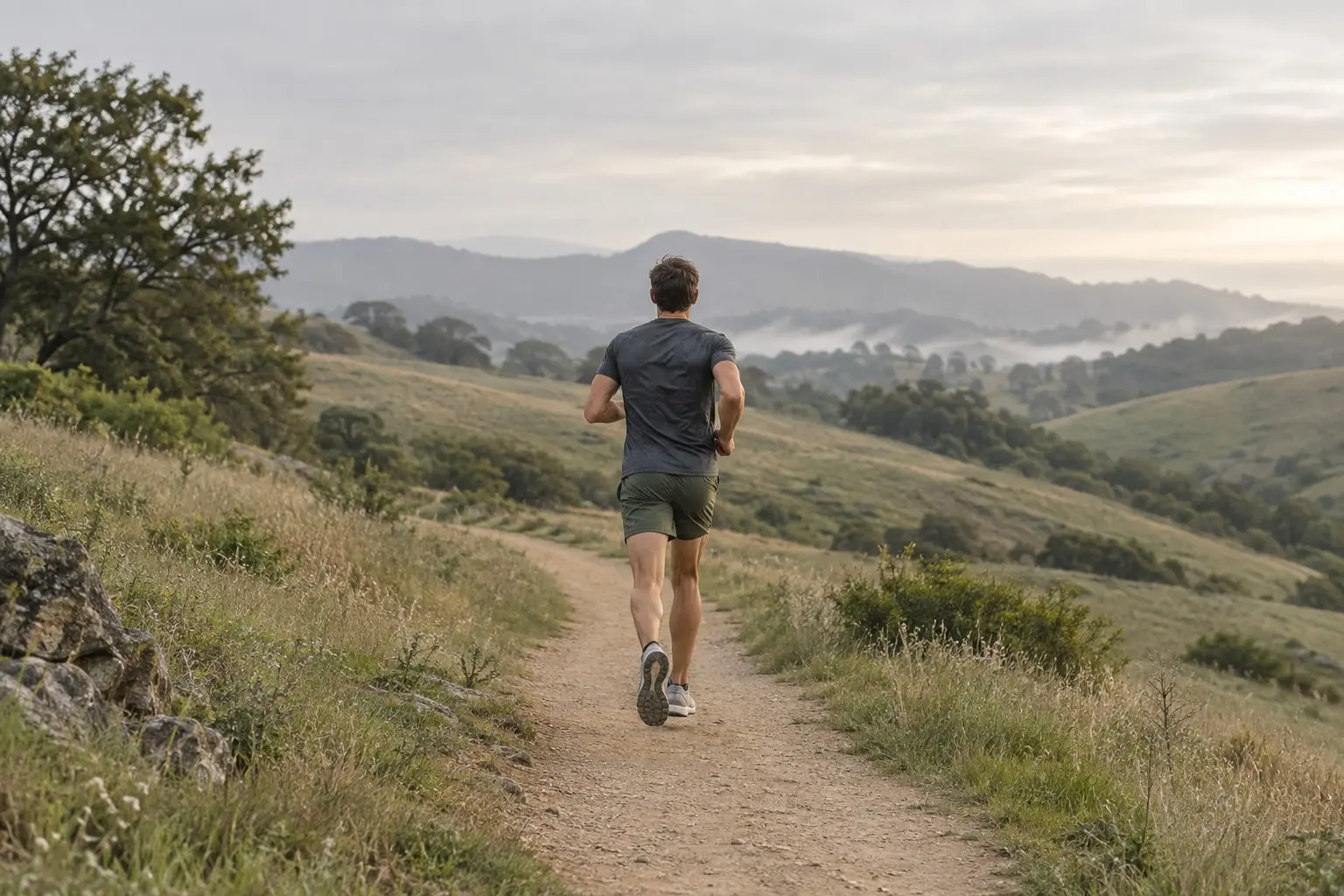 A runner moving away along an outdoor path through grassy hills